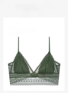 Detail of dark green floral lace bralette with delicate triangle cups and scallop edges