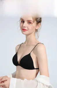 Detail of black French triangle bralette with front closure and slim back straps