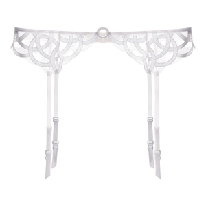 Detailed view of white lace garter belt with adjustable straps and decorative center ring