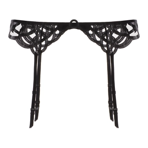 Detailed view of black lace garter belt with adjustable straps and decorative ring