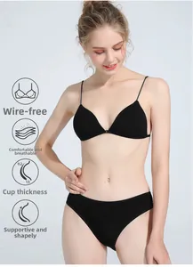 Lace-free black wireless bralette set with thin straps and breathable fabric