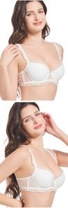 Detailed view of white lace bra featuring delicate ruffles and heart mesh texture