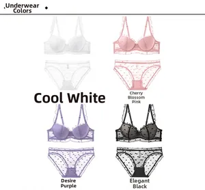 Detailed grid showing four colors of heart pattern lace lingerie sets with soft underwire