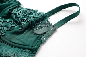 Detail of dark green lace bra with floral embroidery and silver stud embellishments