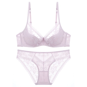 French lace lingerie set in lavender featuring a soft wire bra and sheer lace panties