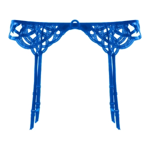 Detailed close-up of dark blue lace garter belt with adjustable straps and metal clips