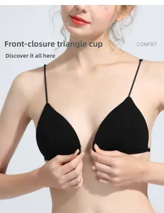Detailed close-up of a black front-closure bralette featuring thin straps and triangle cups