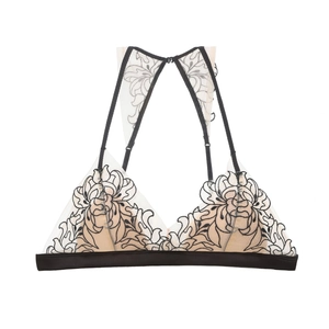 Lace bralette for women with black floral embroidery on skin-colored mesh cups