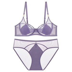 Elegant purple mesh lingerie set for women featuring a wired bra and matching panties