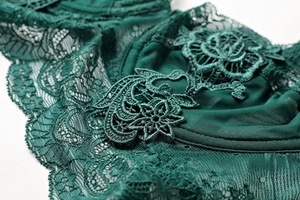 Macro shot of dark green sheer mesh fabric with delicate botanical lace embroidery