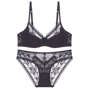 Elegant black floral lace lingerie set with soft underwire bra and matching panties