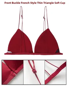 Detail view of burgundy French triangle bralette with front closure and thin straps