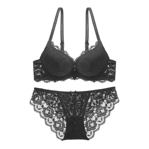 Lace lingerie set with floral push-up bra and matching panties in elegant black finish