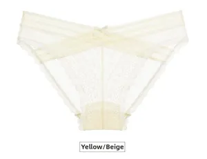 Gedetailleerde weergave van gele kanten slips met mesh en een strikje in de taille