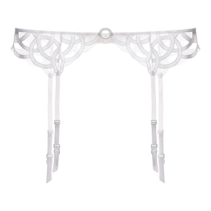 Elegant white lace garter belt with intricate mesh patterns and adjustable straps