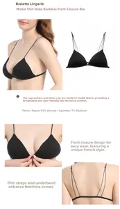 Detailed front closure of a black triangle bralette with fine rayon and spandex fabric