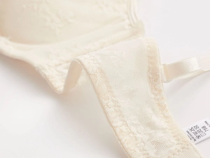 Detailed macro view of cream lace bra featuring size 75B label and fine embroidery