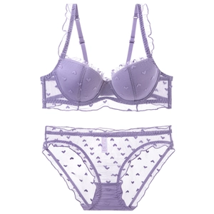 Lavender mesh lingerie set with flocked heart patterns and delicate ruffle trims