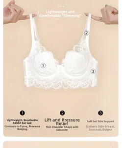 Détail d'un soutien-gorge en dentelle blanche avec bonnets oreilles de lapin et bretelles