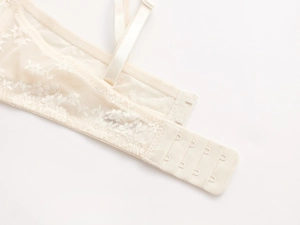 Detail of four-row hook-and-eye back closure on beige lace bra with floral mesh pattern