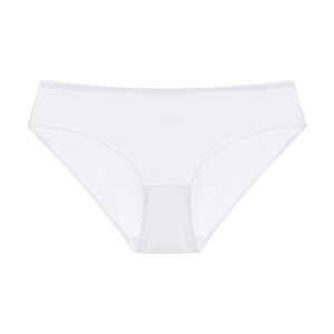 Dettaglio di slip bianchi in cotone a vita bassa con bordo smerlato e tessuto traspirante