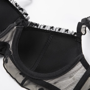 French style black lace bra with soft underwire and sheer mesh detail for women