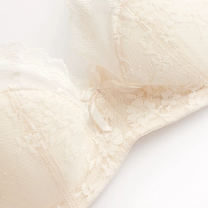 Lace bra with floral embroidery and mesh detail in beige for a minimalist French style