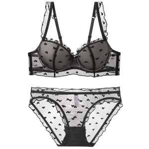 French style black mesh lingerie set with lace trim and heart pattern on white background