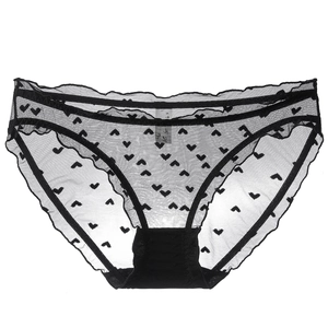 Sexy black lace mesh panties with heart pattern and scalloped edges for women