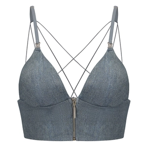 Denim blue French style bralette with front zip, thin cross straps and chain details