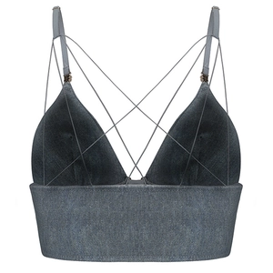 Detail of denim style lace-up front bralette with adjustable thin straps and deep V-neck