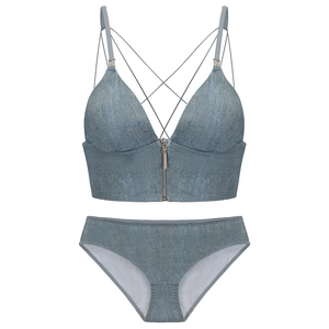 French Style Front Zipper Bralette For Women Sexy Denim Look Rhinestone Straps Non-Wired Triangle Cup Bra And Panty Set