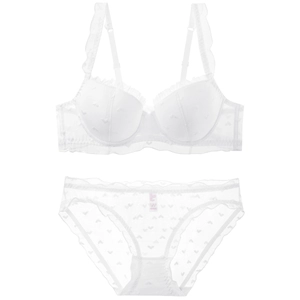 French style white lace lingerie set with heart patterns and sweet ruffle details