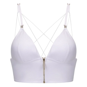 White thin strap front zipper bralette with sexy criss-cross details and metal hardware