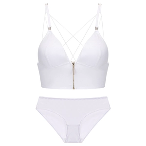 White French style wireless bra set with front zipper and multi-strap back design