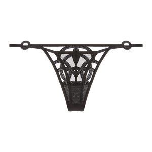 Detail of black thong with geometric hollow patterns and thin elastic side straps
