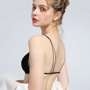 Chic black backless bralette with thin straps and seamless wireless design for women