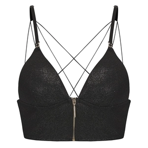 Sparkly black deep V crop top with thin straps and front zipper on white background