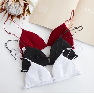 Lace-up wireless triangle bralette in red, black and white for a French minimalist style