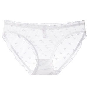 White sheer mesh lace panties with embroidered hearts and scalloped edges for women