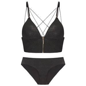 French style black glitter lingerie set with front zipper and strappy back details
