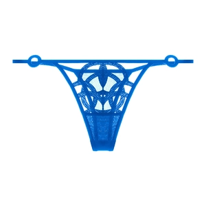 Detail of blue lace thong featuring geometric hollow-out patterns and mesh texture