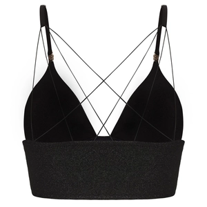 Detail of black triangle cup bra with sparkly silver underband and crisscross thin straps