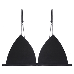 Minimalist black triangle bralette with thin adjustable straps on white background