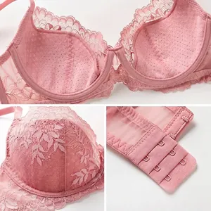 Pink floral lace bra with ultra-thin 0.1cm cups and double row hooks back view