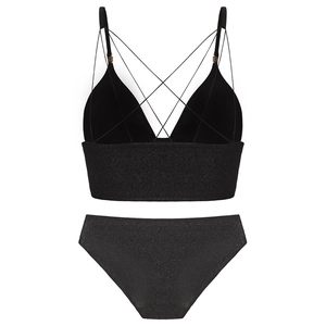Macro detail of black glitter fabric and crisscross back straps on thin triangle bra set