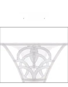 Detailed macro view of white embroidery lace patterns on women's seamless thong underwear