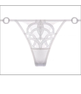 Close-up of white sheer lace thong featuring intricate geometric embroidery details