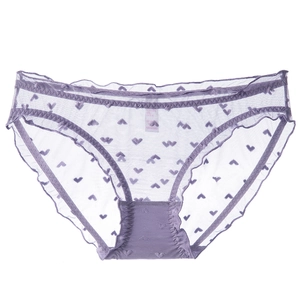 Purple mesh lace panties with heart patterns and ruffled edges for a feminine look