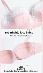 Detailed view of breathable lace lining and exquisite floral patterns on pink bra
